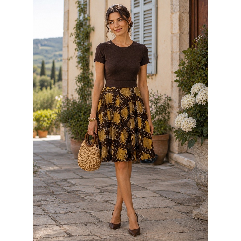 NEW Eva Franco ANTHROPOLOGIE MIRA Dress MICRO CORDUROY PLAID WOMEN 4 RETRO CAMEL